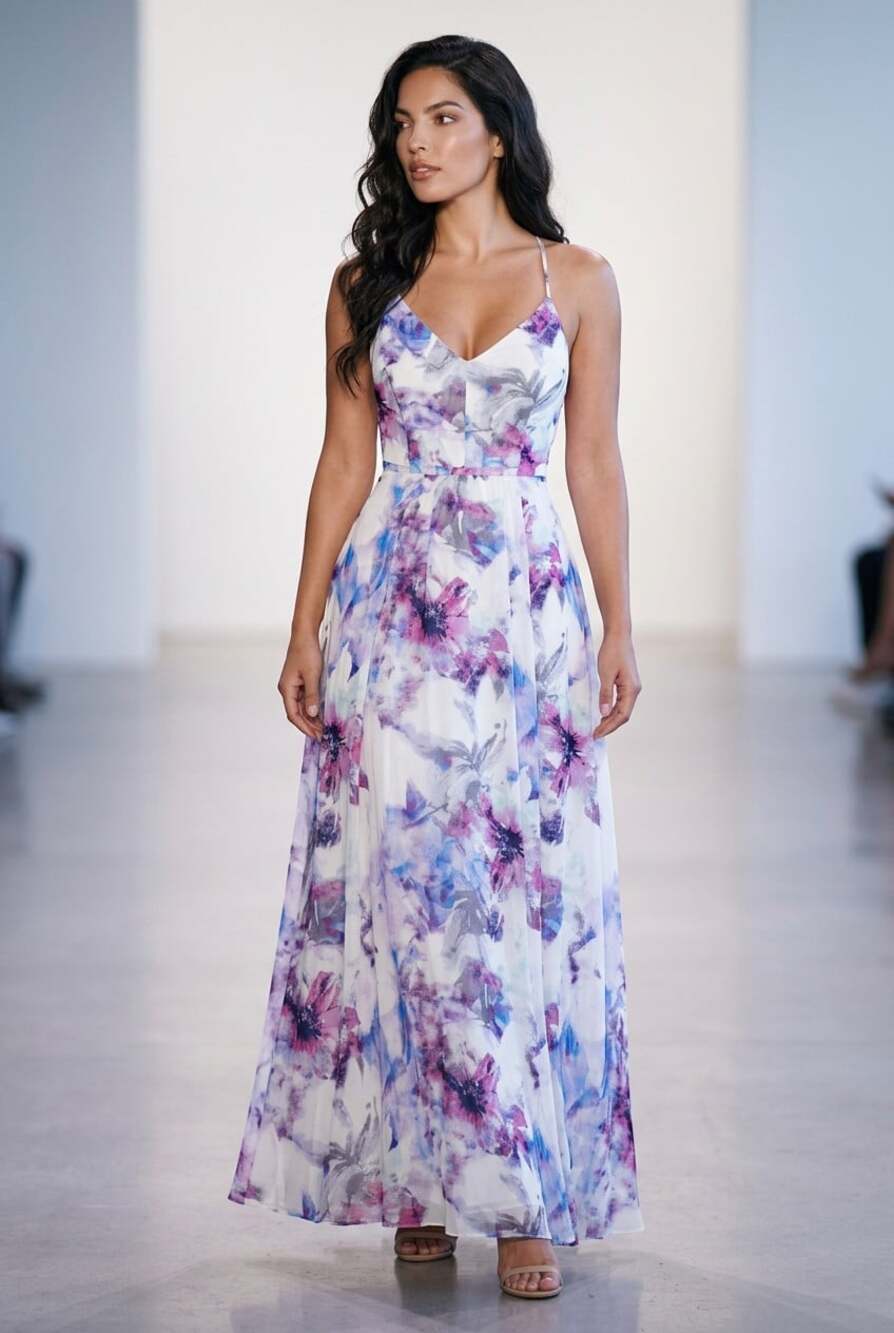 Morgan & Co Multicolor Floral Chiffon Maxi Strap Back Formal Gown Dress Prom Y2K
